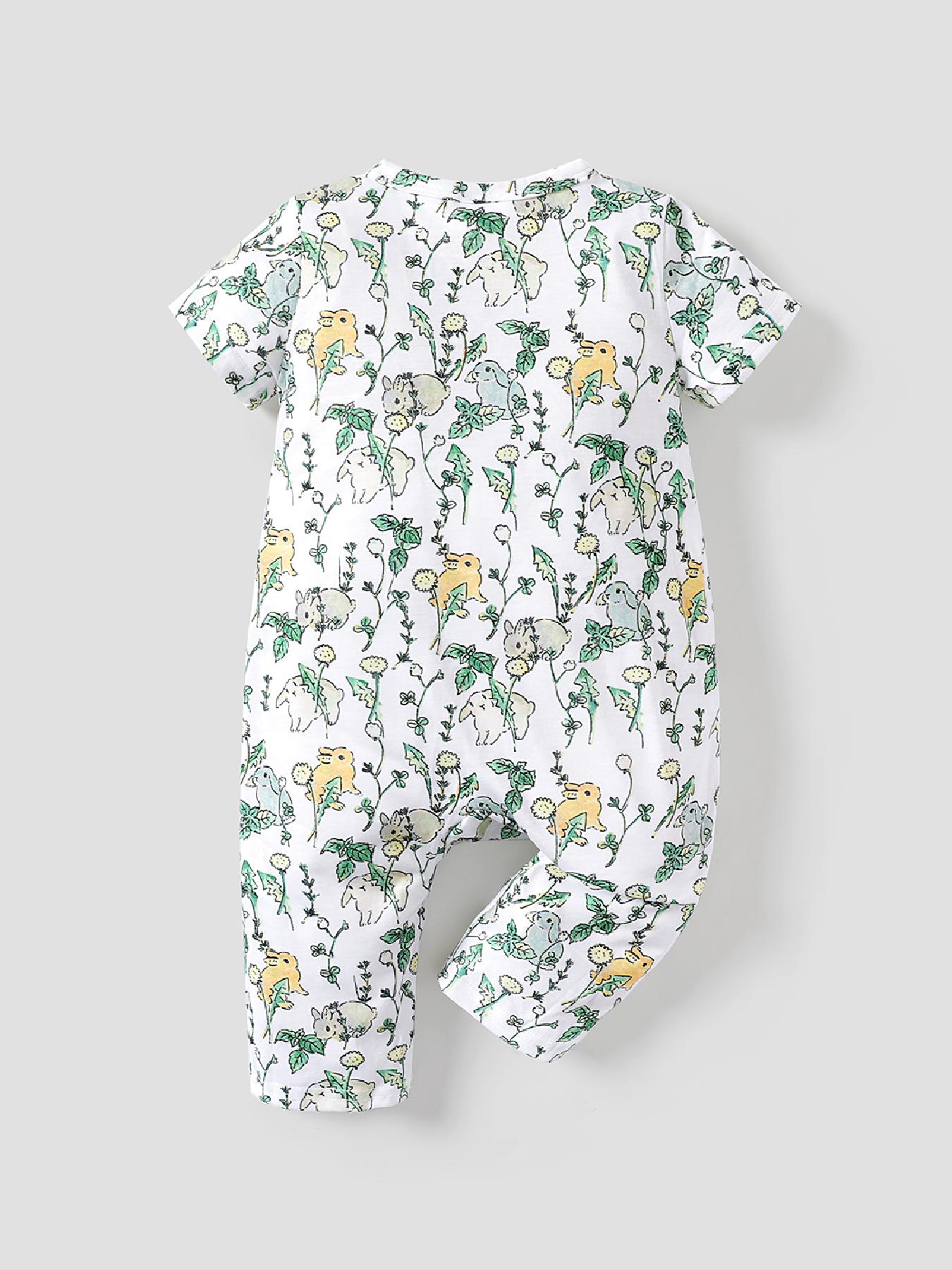 Baby Girl All Over Rabbit Print/Solid Ribbed V Neck Short-sleeve Jumpsuit