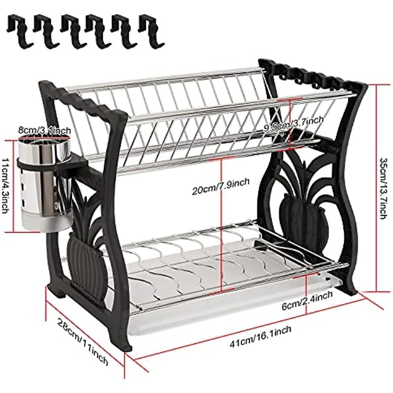 A Black Pp Dish Rack With Space For 13 Plates, 6 Bowls, And 2 Cups. It Has  Four Hooks On The Side For Utensils And Is Very Convenient For Storage,  Suitable For