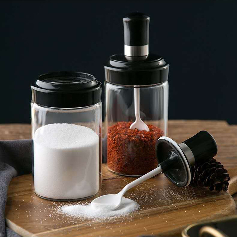 Glass Spice Box Spoon Lid Integrated Spice Jar Combination Seasoning Jar  Kitchen Supplies Salt Shaker Oil Bottle Seasoning tool