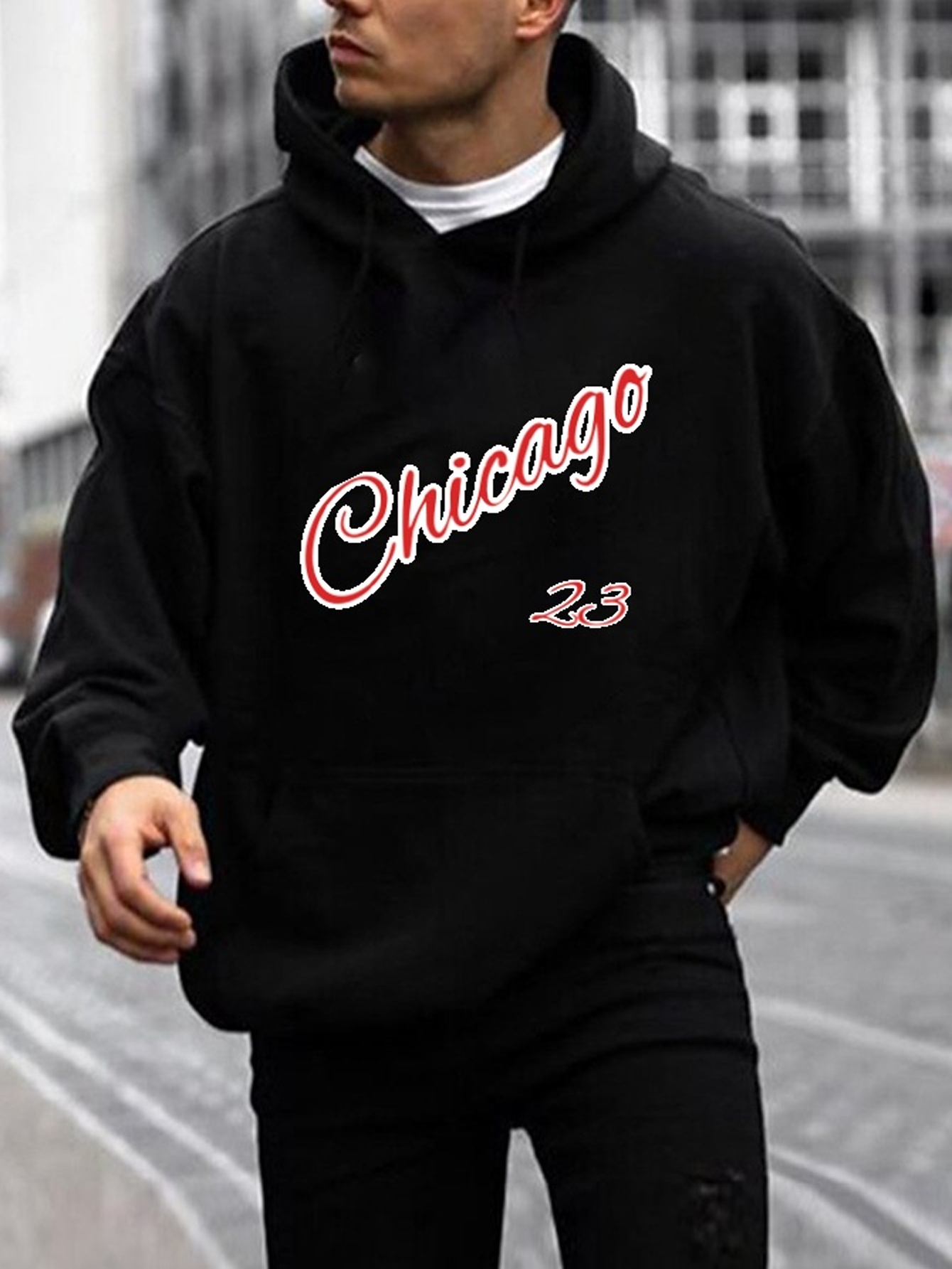 Chicago Print Hoodie With Kangaroo Pocket, Men's Casual Pullover