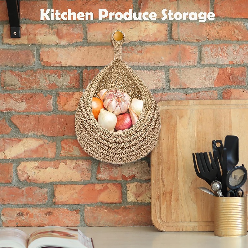 1pc Handwoven Wall Hanging Basket Fruit Vegetable Storage Kitchen