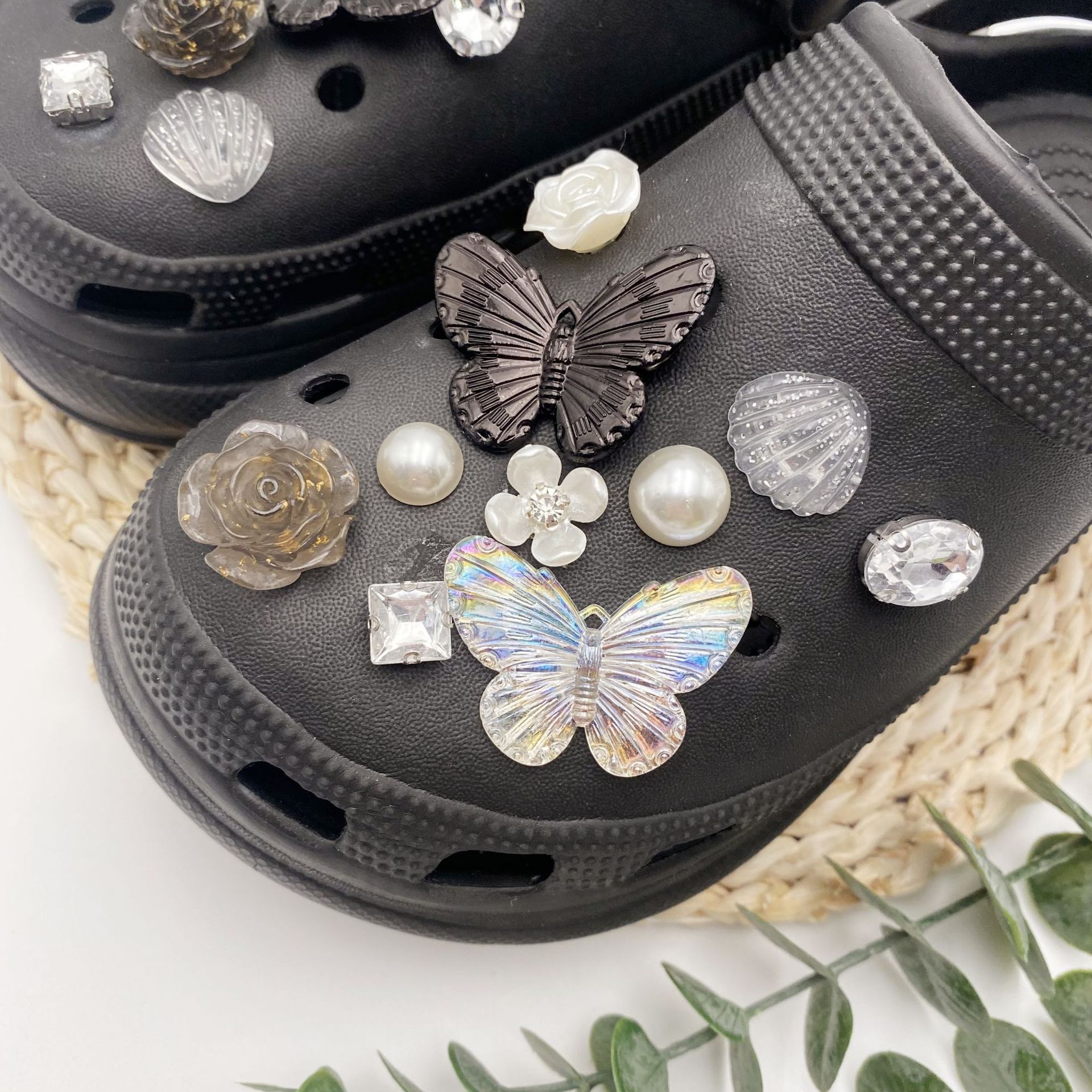 20pcs Black White Butterfly Series Shoes Charms For Clogs Sandals Decoration Shoes DIY Accessories For Women