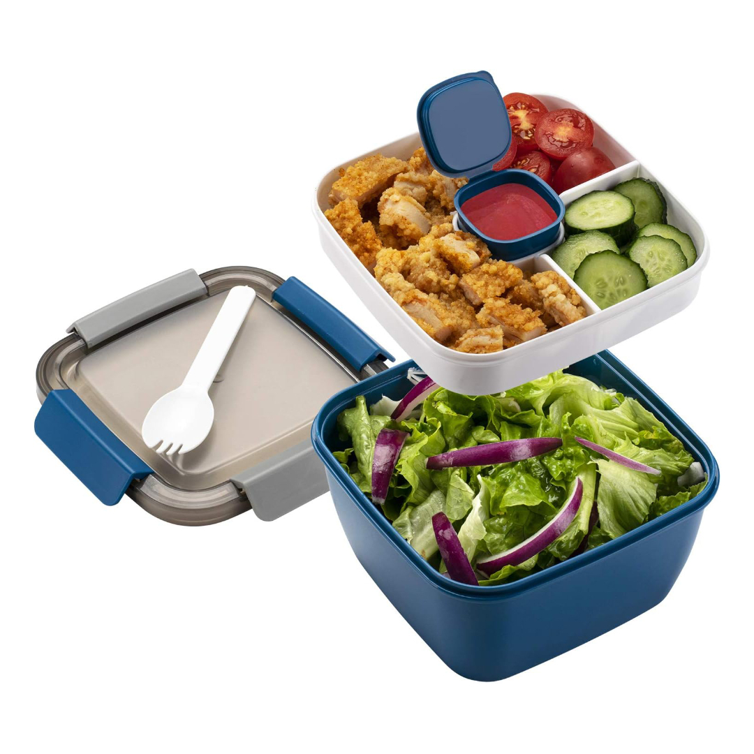 Bentgo Glass - Leak-Proof Salad Container with Large 61-oz Salad Bowl,  4-Compartment Bento-Style Tray for Toppings, 3-oz Sauce Container for  Dressings, and Built-In Reusable Fork (Light Blue) 