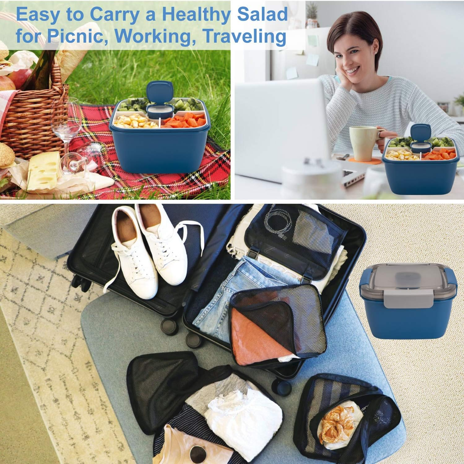 Salad lunch container to go, 37oz/52oz salad bowl with 3
