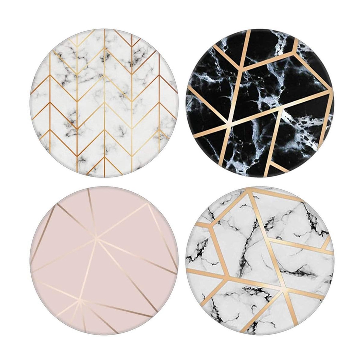 E-shop Set mit 4 Handyhalterungen, vielseitige faltbare Fingergriffe für Smartphones - mit goldenem geometrischem Design mit weißem Marmor und Schwarz