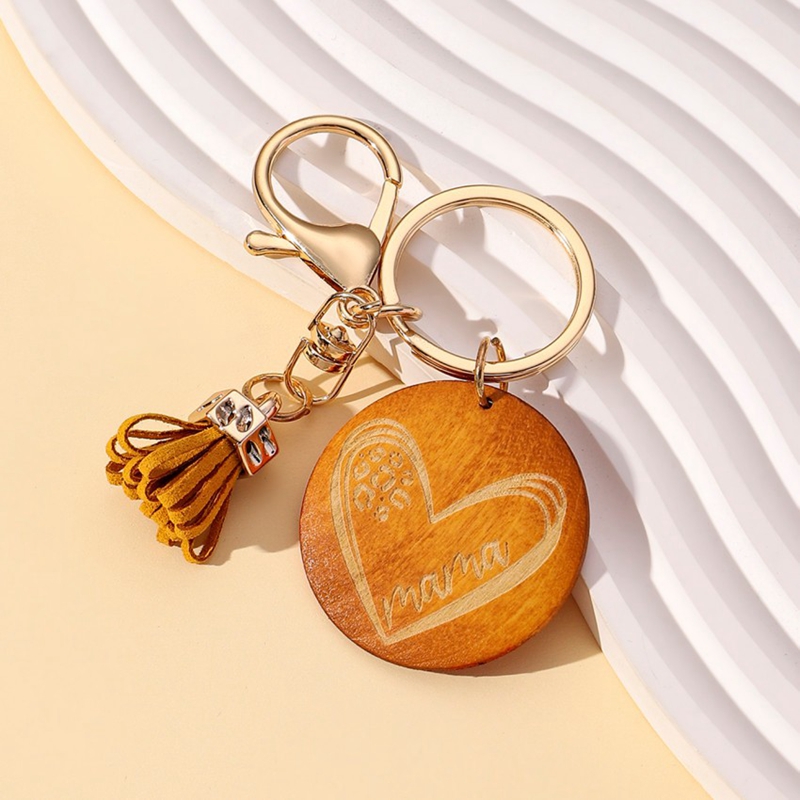 Boy Mom Wooden Keychain with Tassel