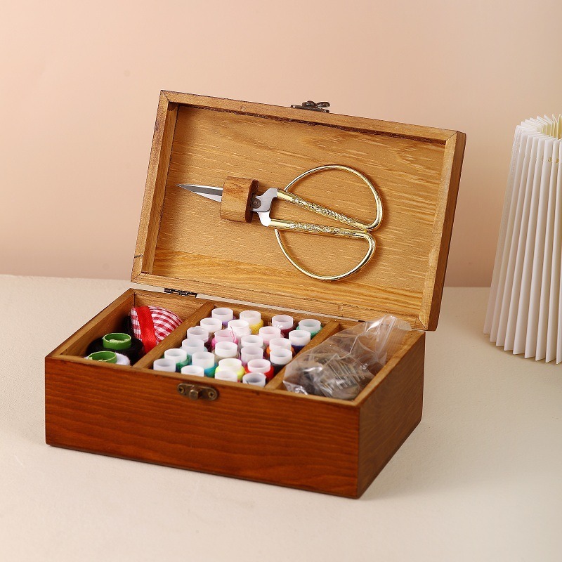 Caja de kit de costura de madera de 8.46 x 5.31 x 3.54 pulgadas, kit de  herramientas de reparación de costura para el hogar, caja de costura de  madera
