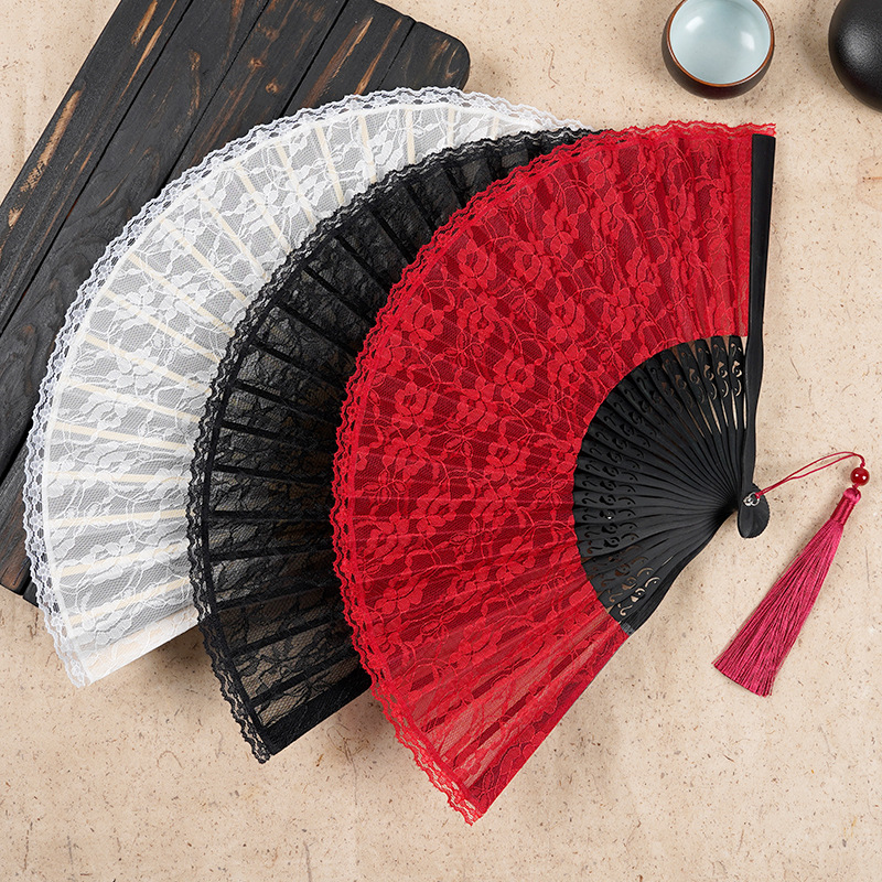 Bamboo Crafts Lace Macrame Folding Fan Ancient Costume Hanfu - Temu Canada