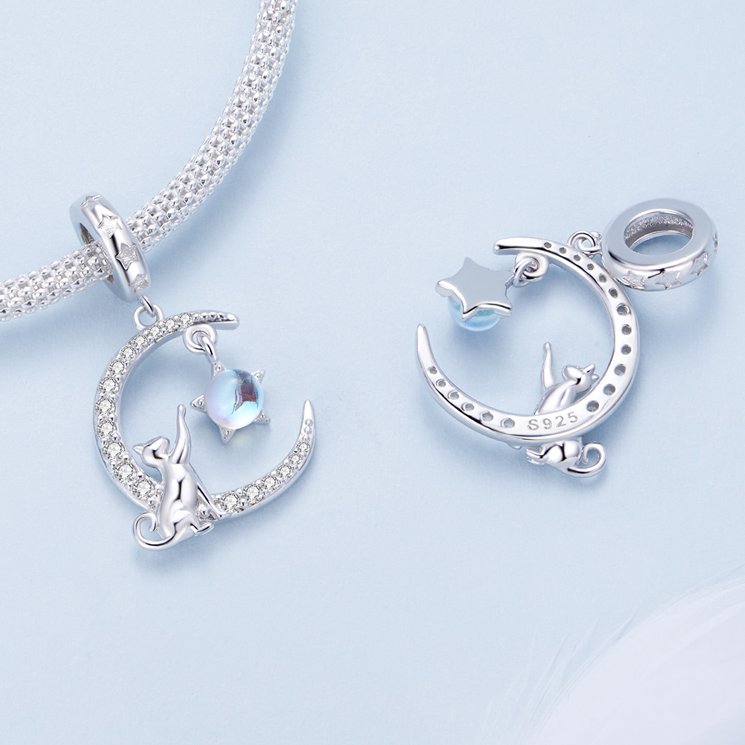 S925 Sterling Silver 3d Golden Moon And Cat Inlaid - Temu