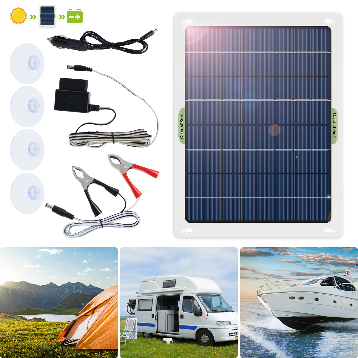 SUNER POWER Cargador y mantenedor de batería solar de coche de 12 V,  cargador solar impermeable de 6 W, cargador solar portátil, kit de panel  solar de