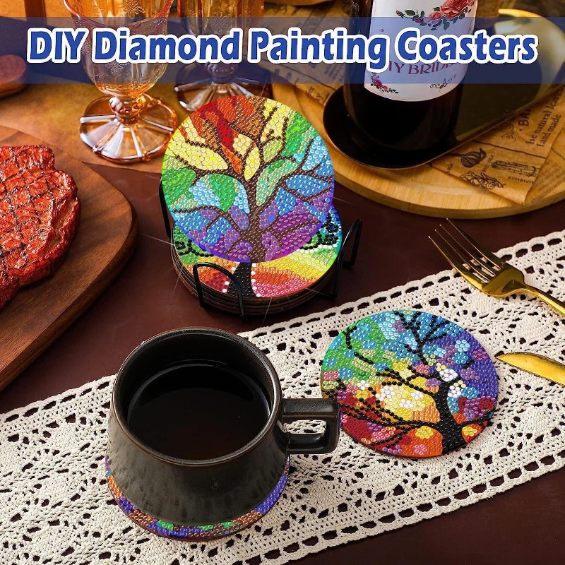 8 Pcs Cocktail Diamond Art Painting Coasters Kit with Holder for Adults, DIY Summer Diamond Dotz Coasters Non-Slip Coaster for Women, Beginners