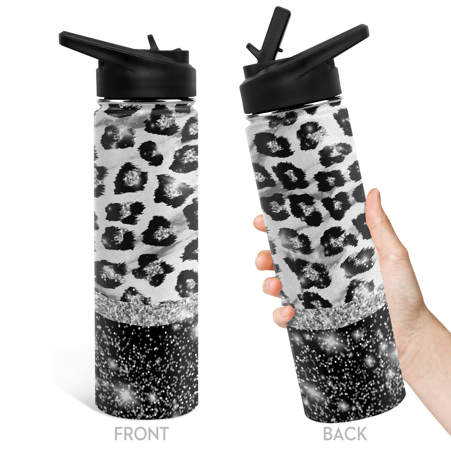 Elegant White Gray Leopard Cheetah Animal Print Water Bottle