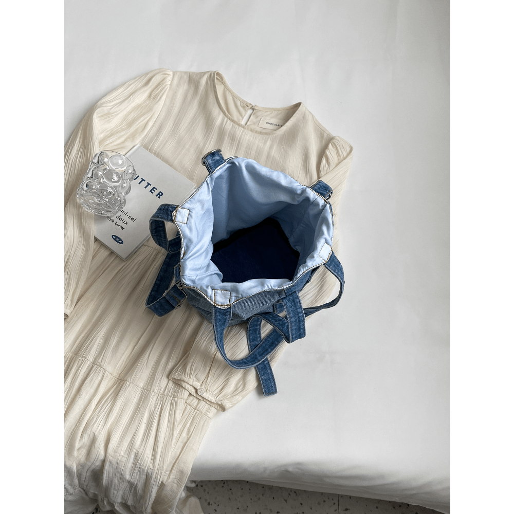 Colorblock Denim Bucket Bag, Stylish Shoulder Bag For Women, Tote