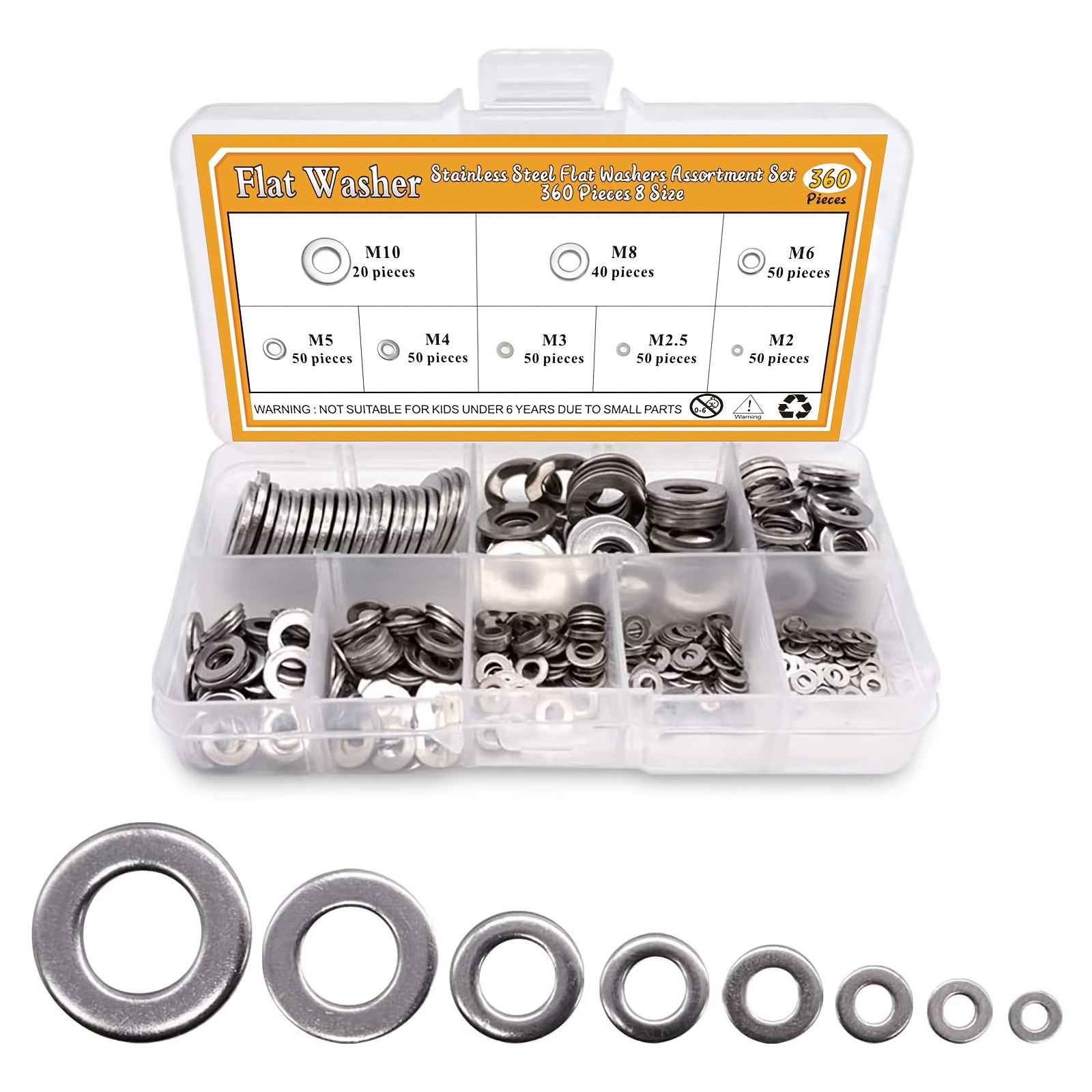 180Pcs Stainless Steel Flat Washer Metal Washers Rings M2 M2.5 M3 M4 M5 M6  M8 M10 Plain Gasket For Screw Bolts Assortment Kits