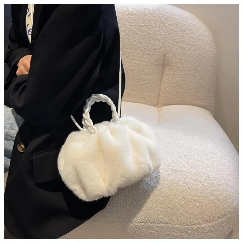 Plush Cloud Ruched Handbag, Fashion Y2k Crossbody Bag, Fluffy Faux