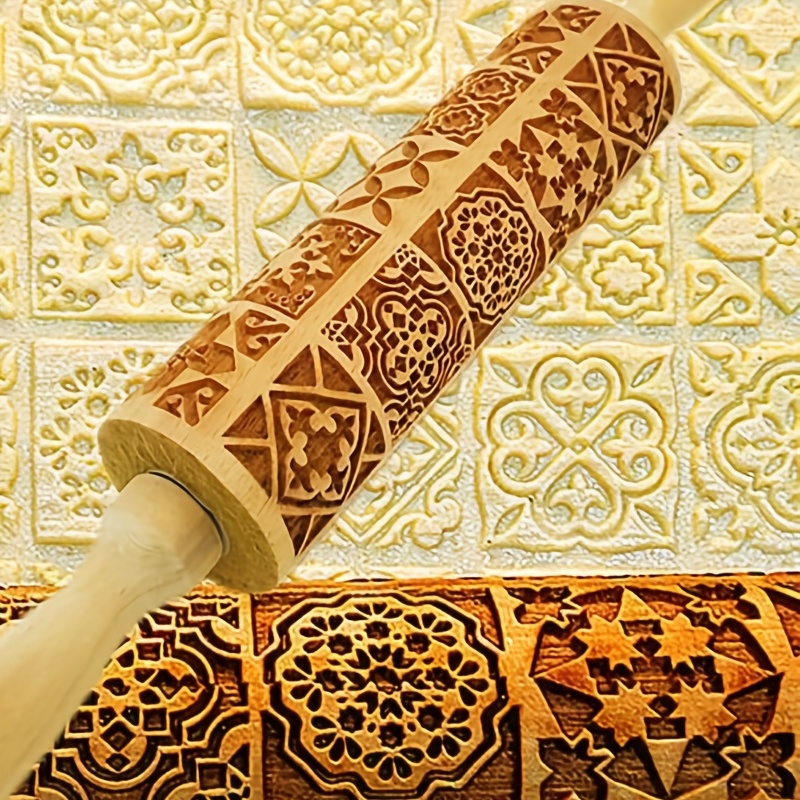 versatile wooden embossing rolling pin 13 77x1 77 square flower pattern for     more essential kitchen gadget details 4