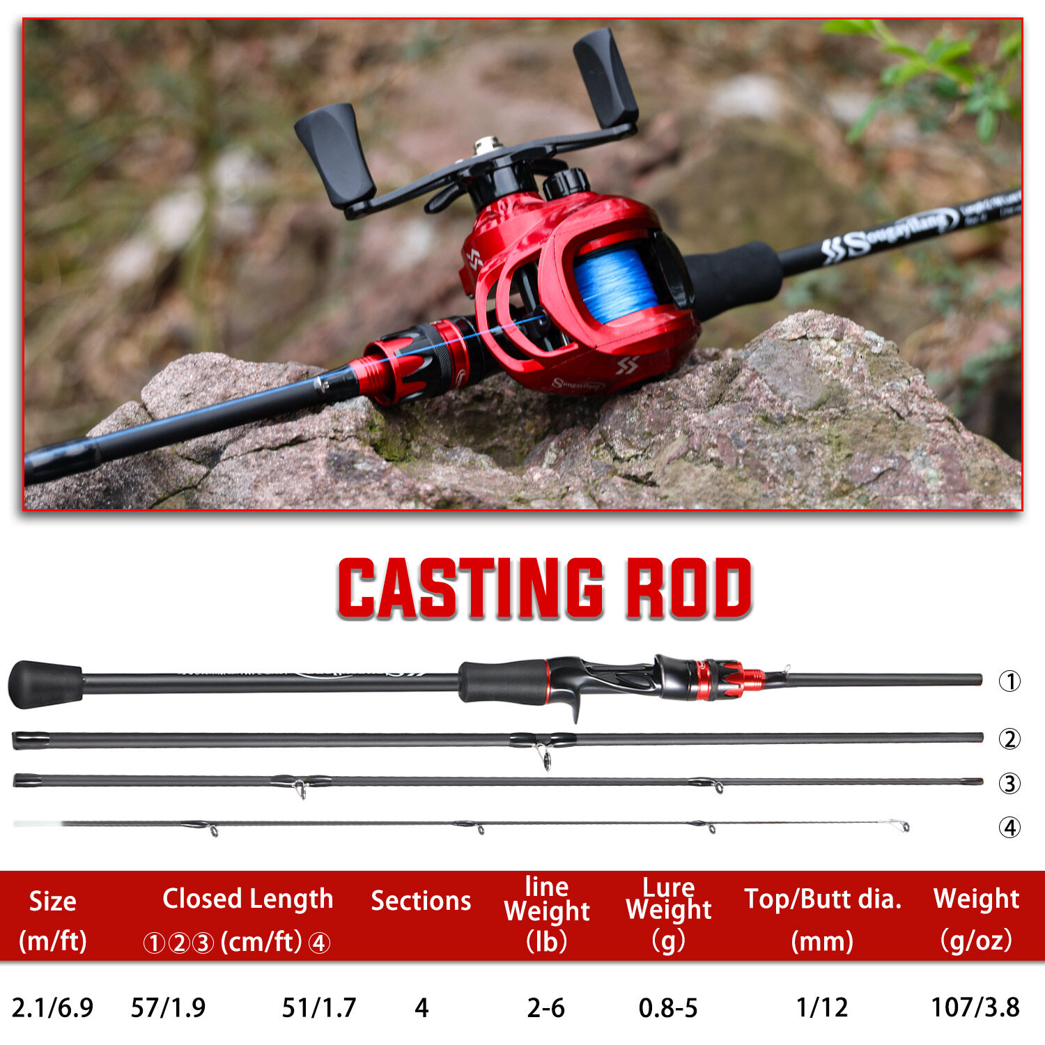  Fishing Rod 2.1m Casting Fishing Rod and Reel Set 0.8