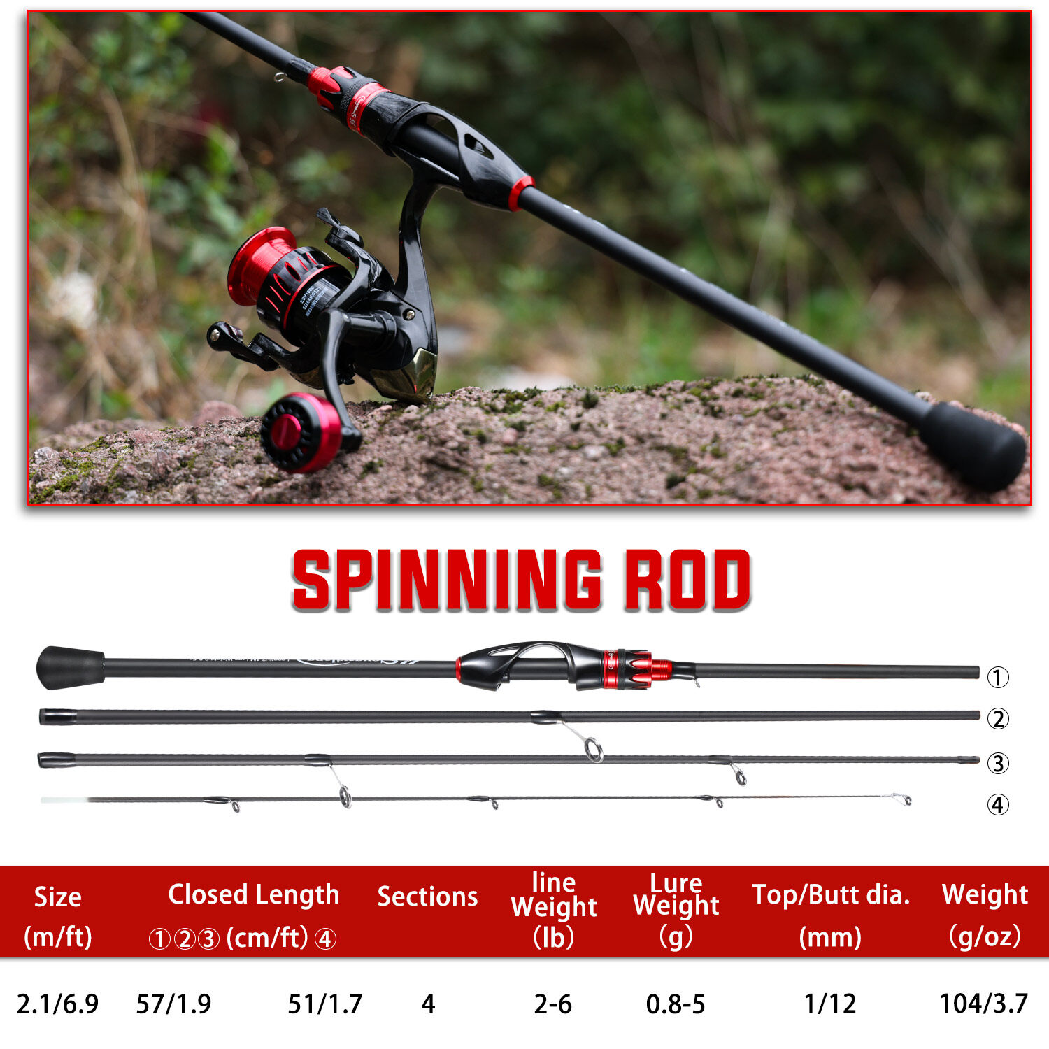 3-Section Portable Fishing Rod Carbon Fiber Spinning/Casting Lure Pole