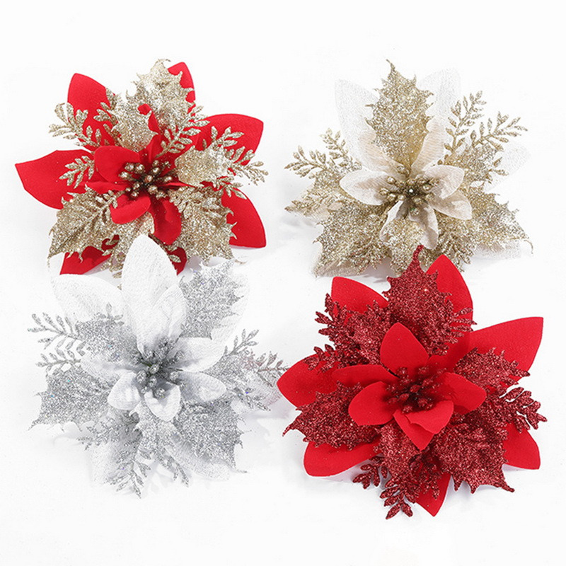 56-Piece Glitter Poinsettias Artificial Christmas Flowers with