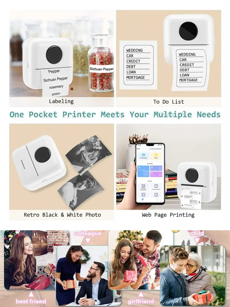 pocket printer wireless thermal printers with 11 rolls printing paper and 1200mah battery portable inkless printer for iphone mini sticker printer compatible with ios android details 3