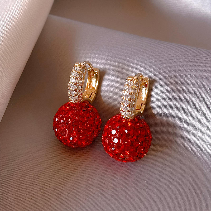 

Exquisite Red Ball Deign Full Shiny Rhinestone Inlaid Dangle Earrings Elegant Simple Style Delicate Female Gift