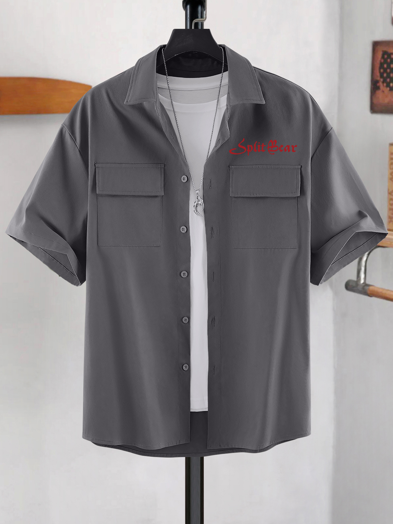 Men's Casual Fashion dreams/split Bear Print Cargo Shirt For