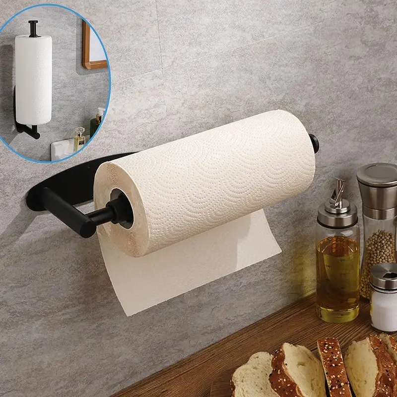 Paper Towel Holder Under Cabinet, Wall Mount Paper Towels Rack for Kitchen, Self Adhesive Hanging Paper Towel Holders for RV Camper, Black