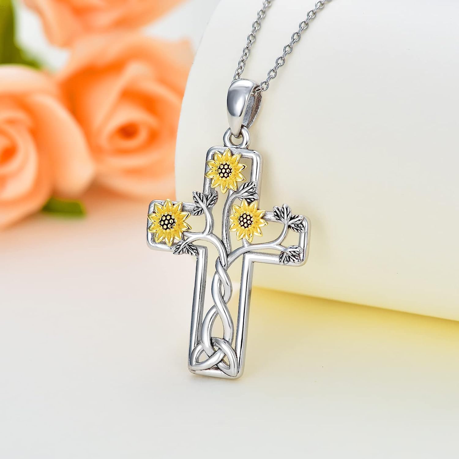fashion three sunflower wrapped cross pendant necklace for girls birthday christmas gift