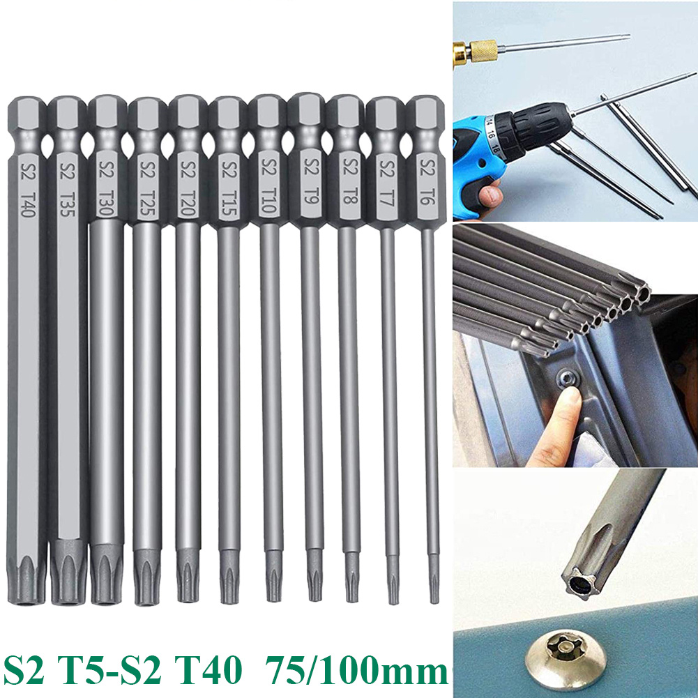 11/12pcs 1/4 Hex Bits Driver Tamper, Proof Security Drill Magnetic Bit Set  Torx Screwdriver Flat Head 75/100mm