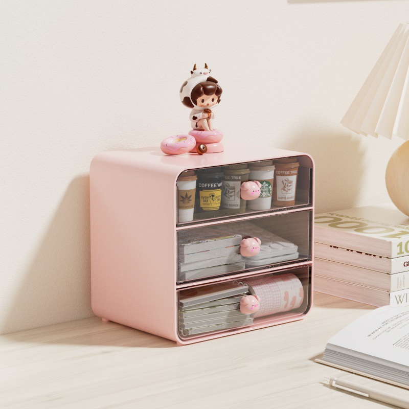 Cute White/pink 9 Grid Abs Drawer Desktop Organizer Desk Storage Box Free  Sticker School Transparent