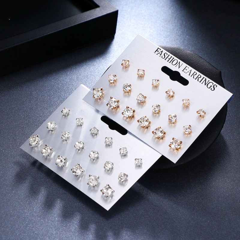 

9 Pairs Set Of Stud Earrings With Rhinestones Inlaid Simple Classic Style For Women Girls Daily Wear Alloy Jewelry 18k Plated