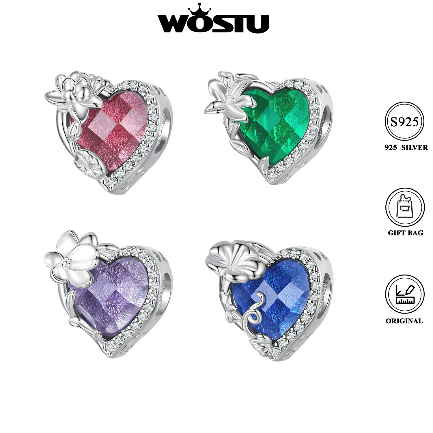 Heart Shape Birthstone 925 Sterling Silver Pendant DIY 5mm Bracelet