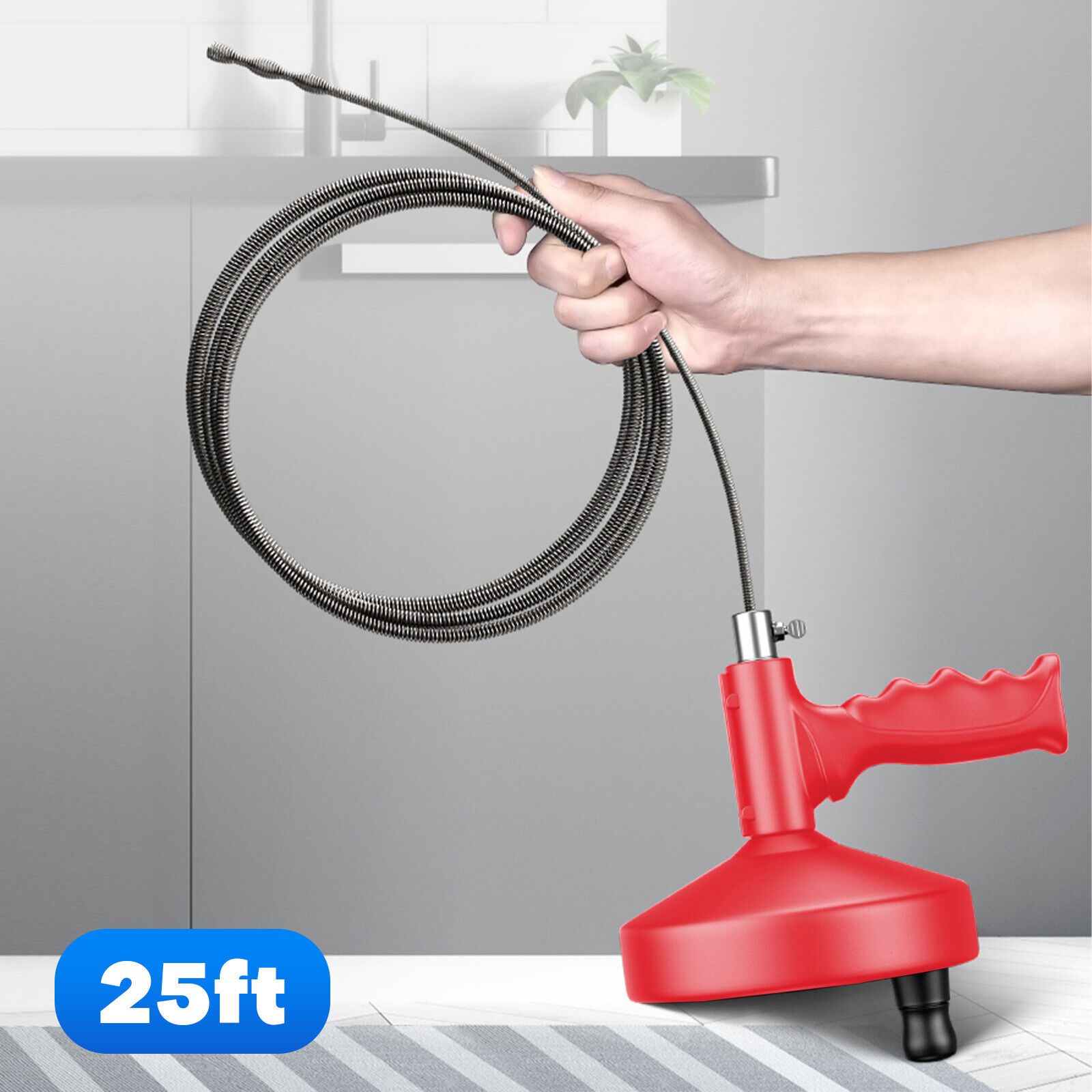 25ft Plumbers Drain Snake Long Heavy Duty Plumbing Auger Hand Tool Bathroom  Pipe