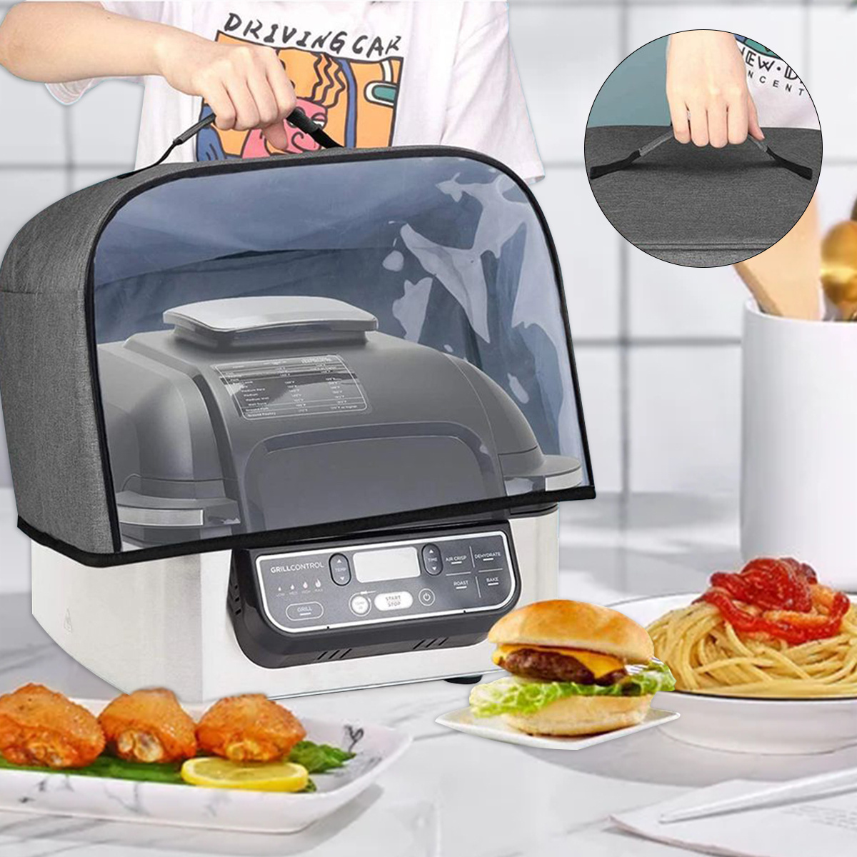 1pc dust cover for air fryer air fryer cover with storage pockets waterproof clear front panel compatible with   grill ag301 ag302 ag400 dust cover   small appliance dust covers 13 5 x 14 x 9 75 inch details 0