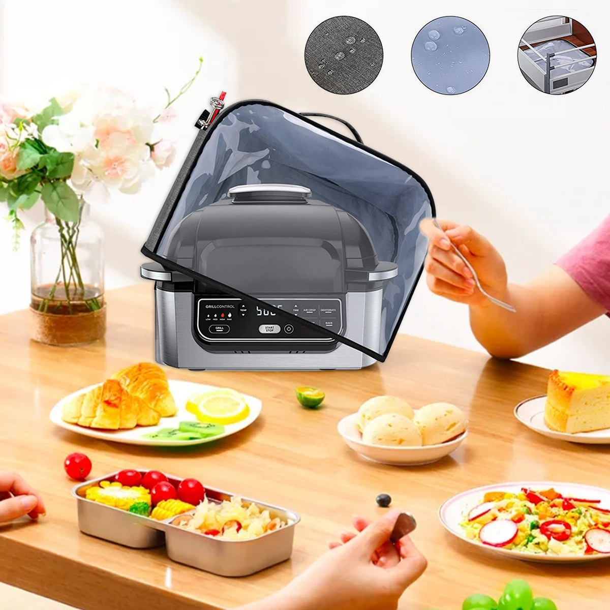 1pc dust cover for air fryer air fryer cover with storage pockets waterproof clear front panel compatible with   grill ag301 ag302 ag400 dust cover   small appliance dust covers 13 5 x 14 x 9 75 inch details 2