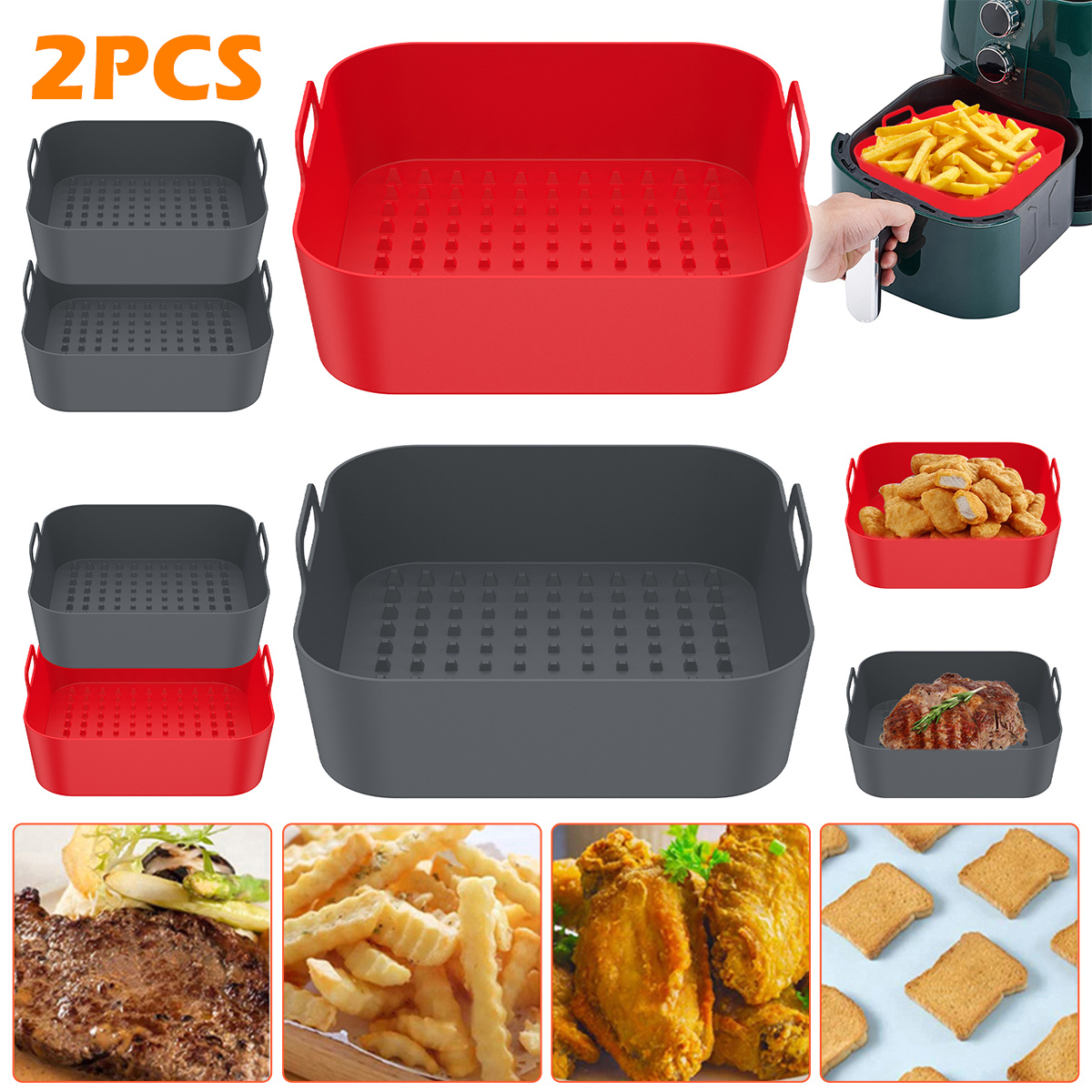 2Pcs Air Fryer Silicone Pot with Handle Reusable Air Fryer Liner Heat  Resistant Air Fryer Silicone Basket 8 inch Square Baking Pan Air Fryer