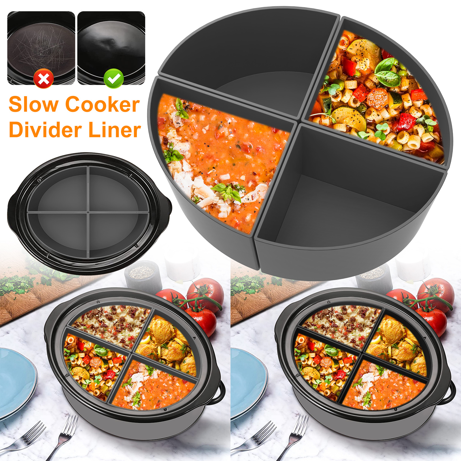 Slow Cooker Divider Liners fit 6 QT Crockpot, Reusable Leakproof Slow Cooker  Divider Insert, Silicone Crockpot Divider, 2-Piece Set Dishwasher Safe  Cooking Liner (Black+Gray)