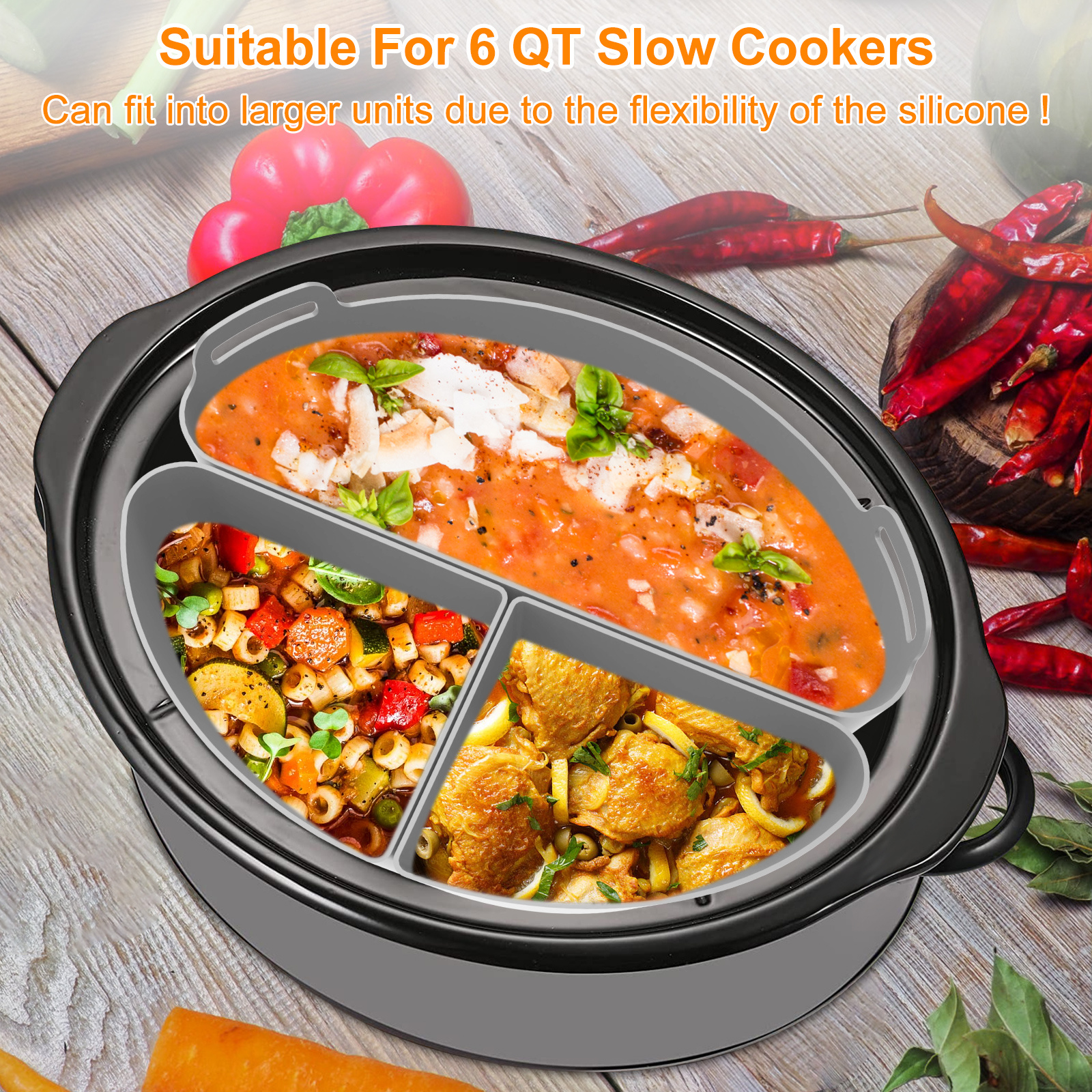 Slow Cooker Liners Divider, Large Size Crock Pot Liners Divider Insert with  Cleaning Wipe Reusable Silicone Cooking Liner Dishwasher Safe, Fit 6QT to