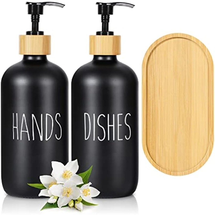 14oz Glass Soap Dispenser With Wooden Tray, 2 Pcs Hand And Dish Soap  Dispenser Set, Kitchen Bathroo