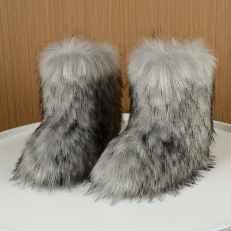 LADIES SZ 35 LIGHT GREY Winter Fluffy Fox Genuine Faux Fur Boots Plush buy Lining