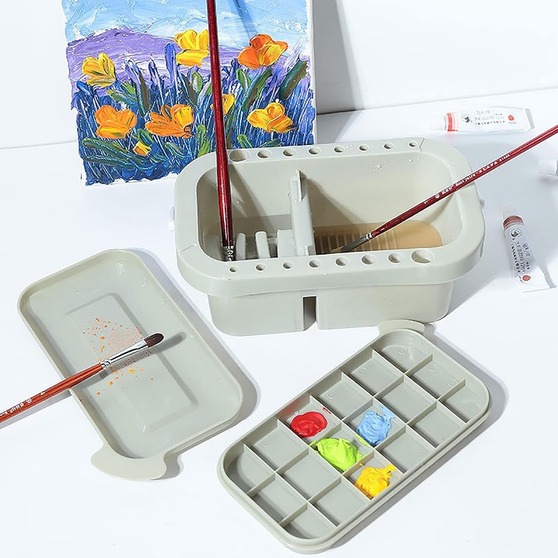 Multi-Use Paint Brush Basin with Brushes Holder,Washer,Trays,Palette  Box-Artist Cleaner Cup for Watercolor Oil Acrylic Gouache Painting with Lid