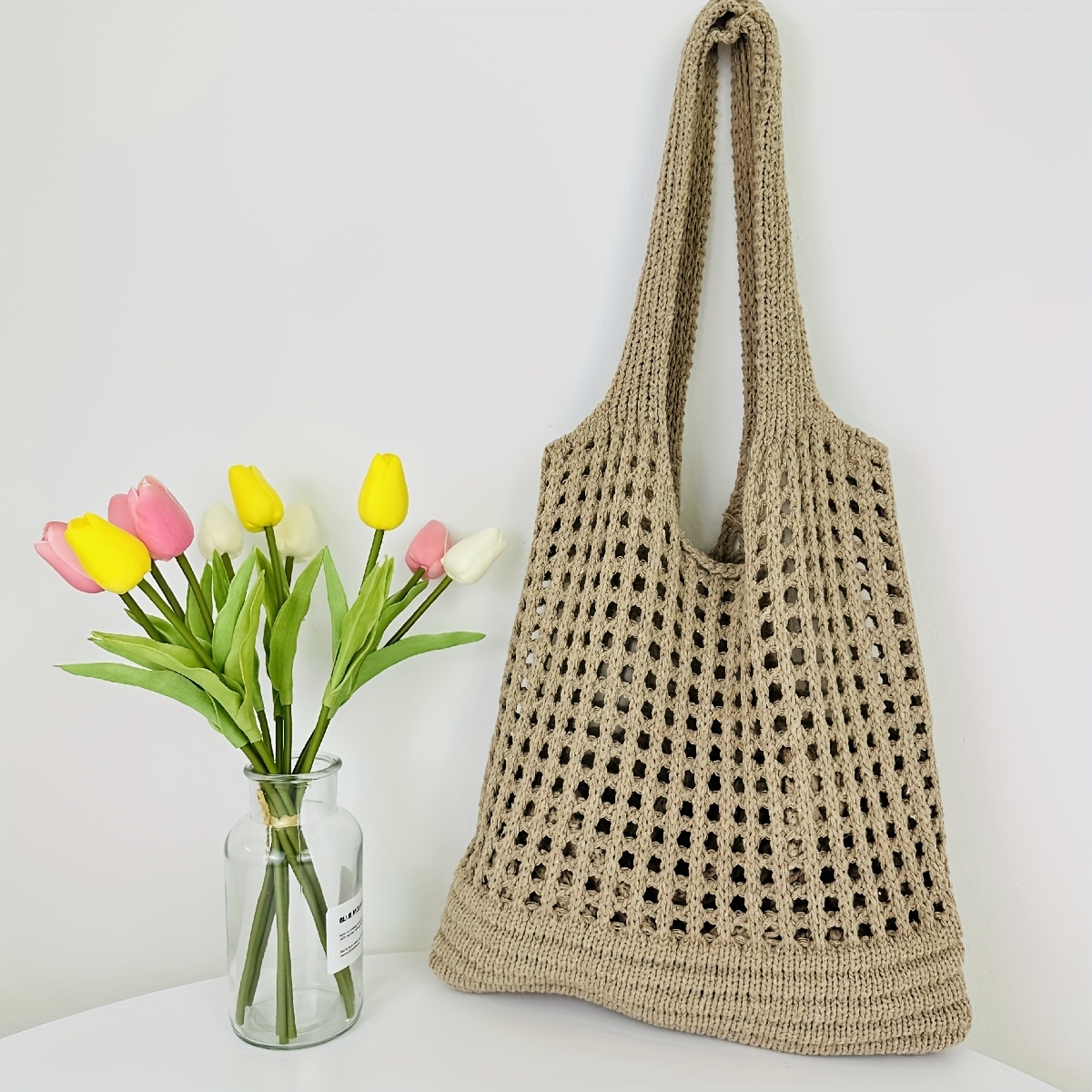 Colorblock Crochet Bag Number Pattern Shoulder Tote Bag for Vacation