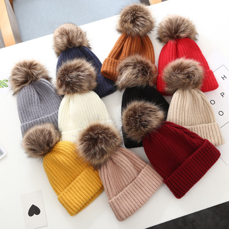 Children Plain Color Wool Knitted Beanie Hat With Fur Ball - Temu