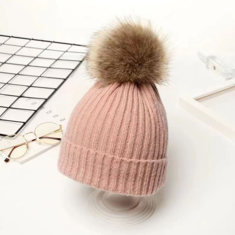 Children Plain Color Wool Knitted Beanie Hat With Fur Ball - Temu