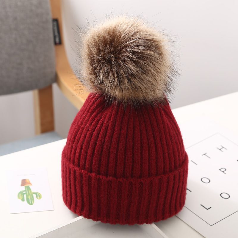 Children Plain Color Wool Knitted Beanie Hat With Fur Ball - Temu