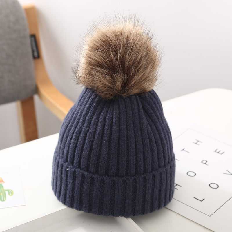 Children Plain Color Wool Knitted Beanie Hat With Fur Ball - Temu