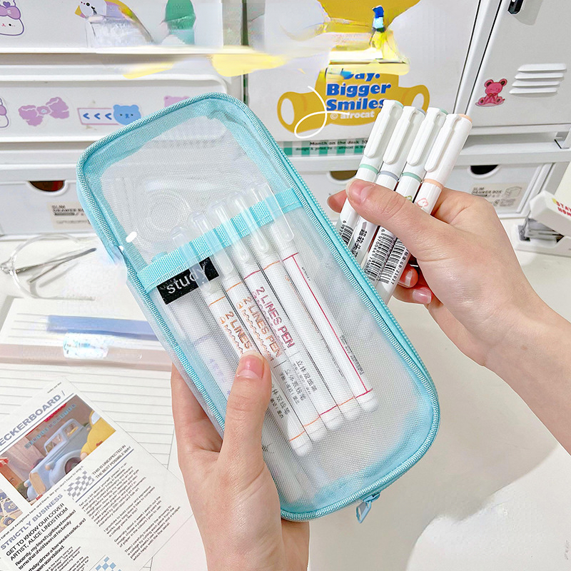 Grid Mesh Pen Pencil Case With Zipper Clear Makeup Pouch Cosmetics