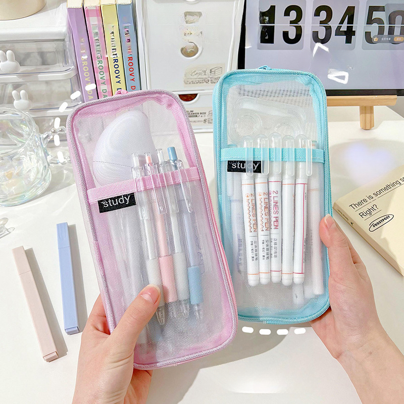 Clear Mesh Pencil Case Pouch Transparent Stationary Makeup Bag 2  Compartment Pen Bag Clear Handheld Multi