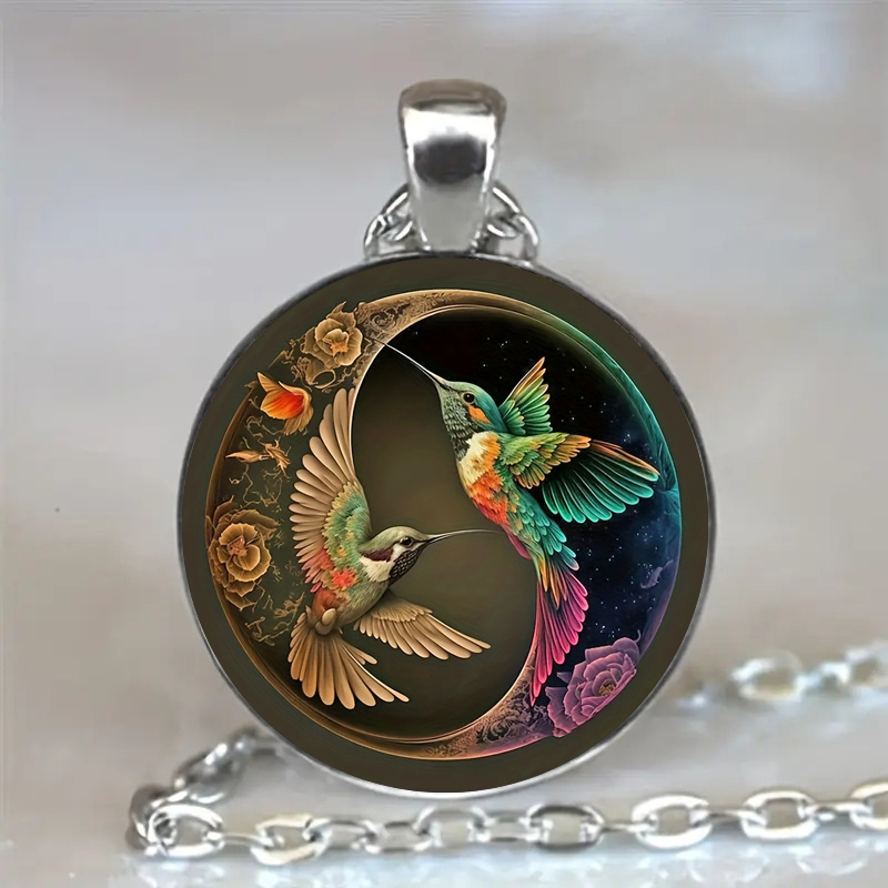 1 2pcs hummingbird taichi charm pendant keychain necklace printed metal animal keyring perfect gift for men women details 1
