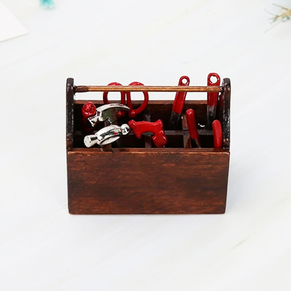 Mini boîte à outils avec 8 outils, accessoires de maison de poupées en  bois, boîte à outils miniature, modèle de boîte à outils en bois pour 12  access